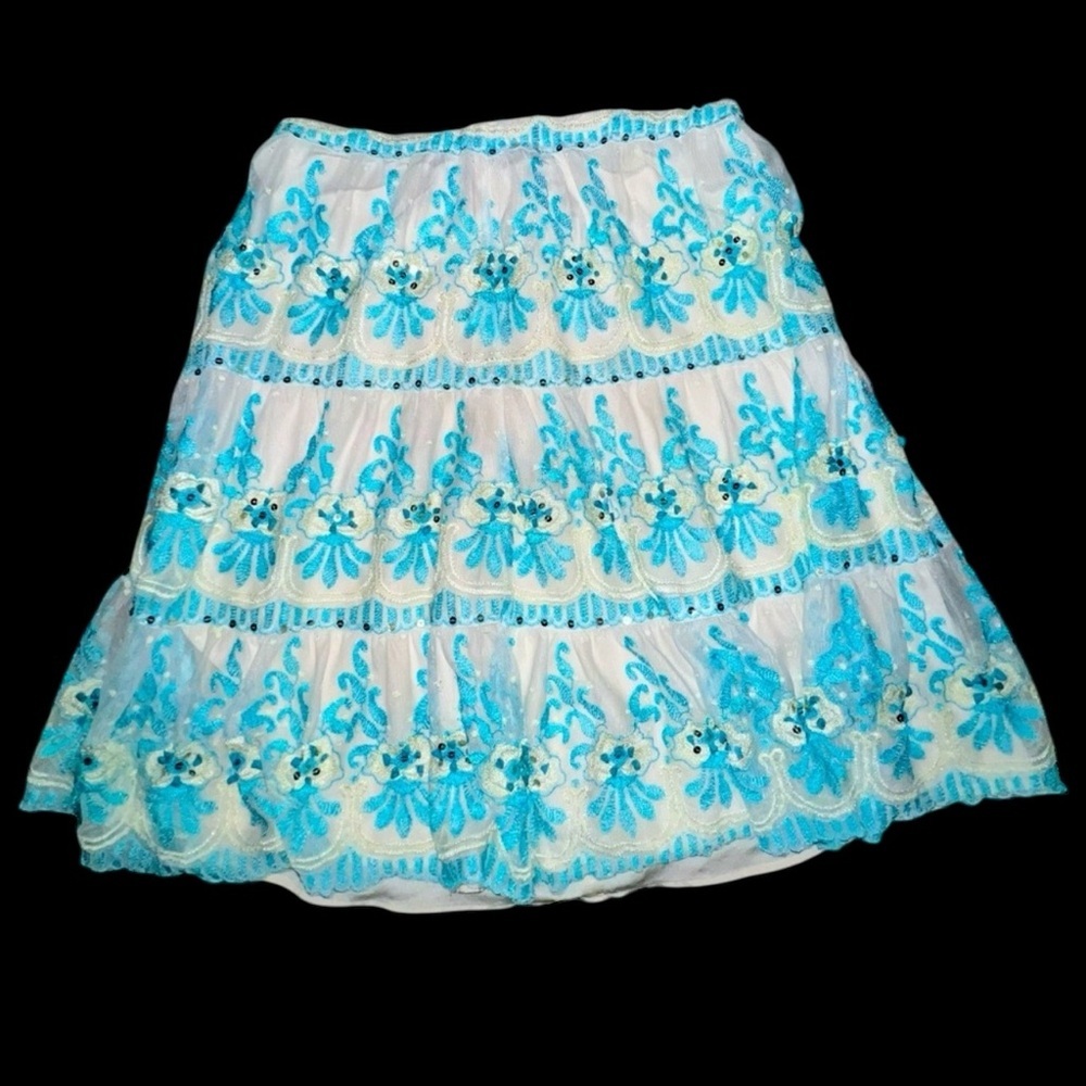Anthropologie 2 Layer Sheer Embroidered Turquoise Beaded Skirt sz 4
